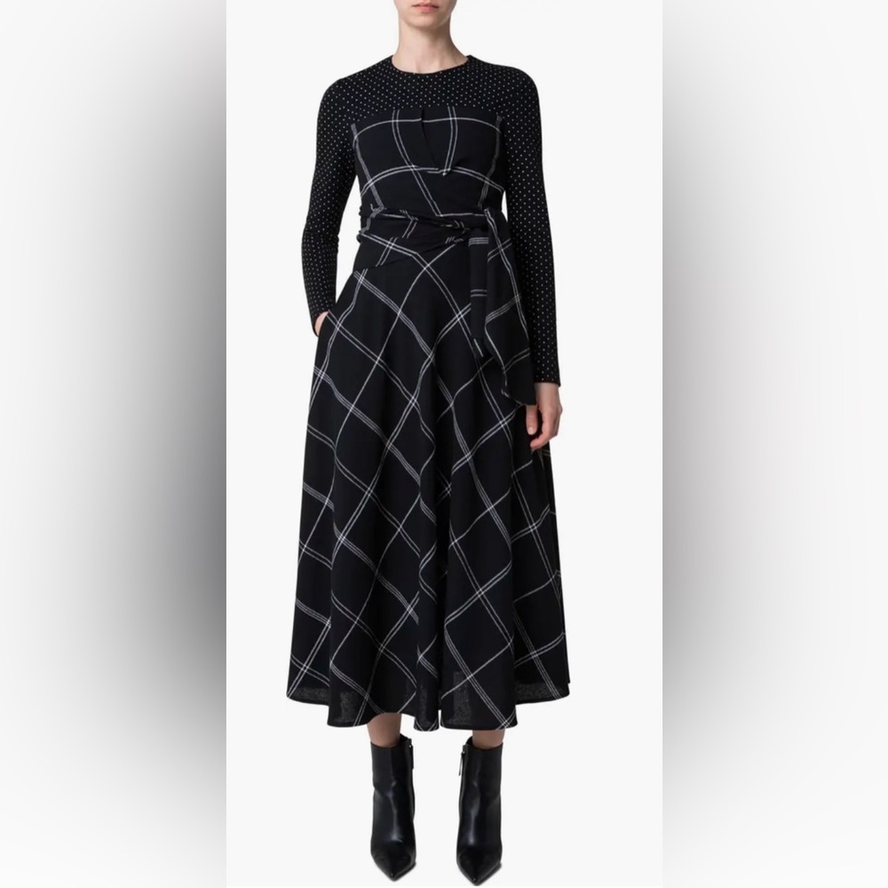 Akris Punto MIXED MEDIA LONG SLEEVE WOOL BLEND DRESS IN BLACK / CREAM - Size 4
